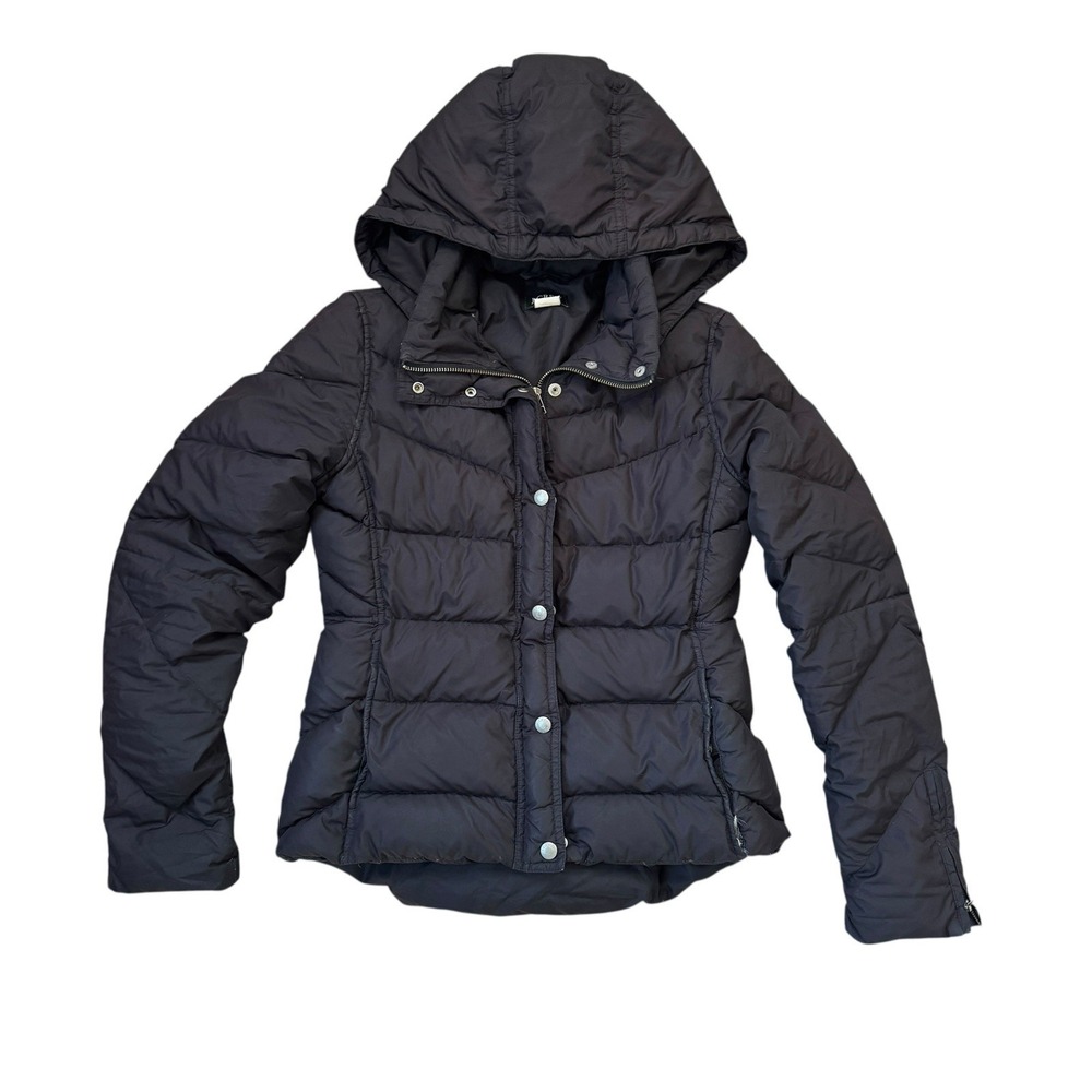 J Crew‎ Down Feather Hooded Full Zip Puffer Jacket Black SM Preppy City Classic